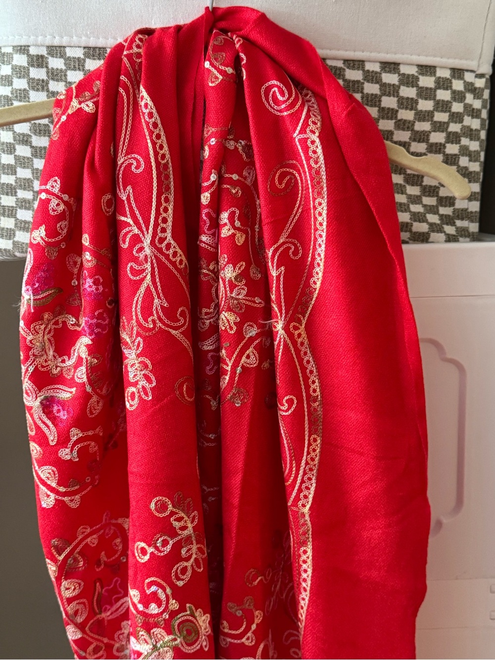Red Embroidered Paisley Scarf